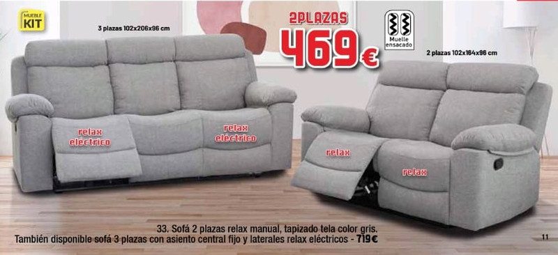 Sofá 3 plazas con asiento central fijo y laterales relax eléctricos